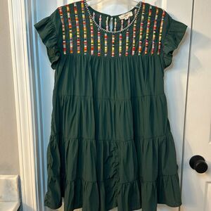 Entro Green Stripe Embroidery Details Flutter Sleeve Dress Size Small